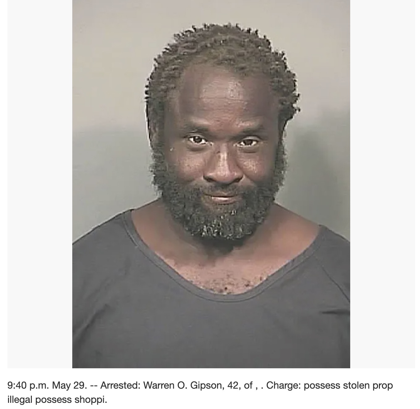 portrait photography - p.m. May 29. Arrested Warren O. Gipson, 42, of, . Charge possess stolen prop illegal possess shoppi.